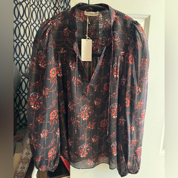 NEW NWT! $385 Ulla Johnson Constance Silk Blouse Top Noir Black Red Floral sz 0 - Picture 2 of 7